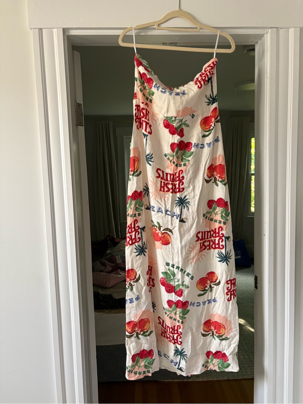 Tropical Fruit Print Slip Dress in Cream and Red